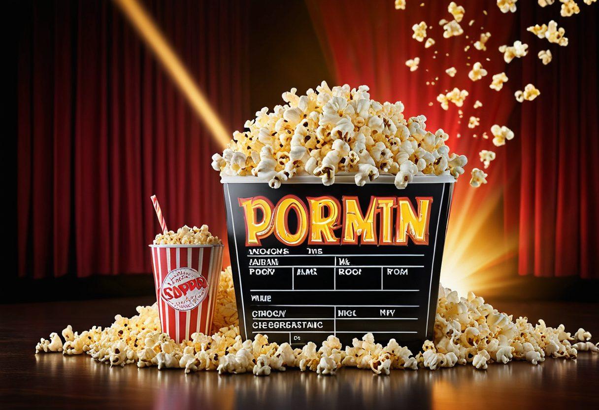 A dynamic collage of iconic movie scenes, featuring a film reel unwinding through classic film frames, with vibrant colors depicting intense emotions. Include a popcorn bucket, clapperboard, and cinematic lights to enhance the film atmosphere. The background should radiate a cinematic vibe, with subtle hints of a movie theater. super-realistic. vibrant colors. cinematic.