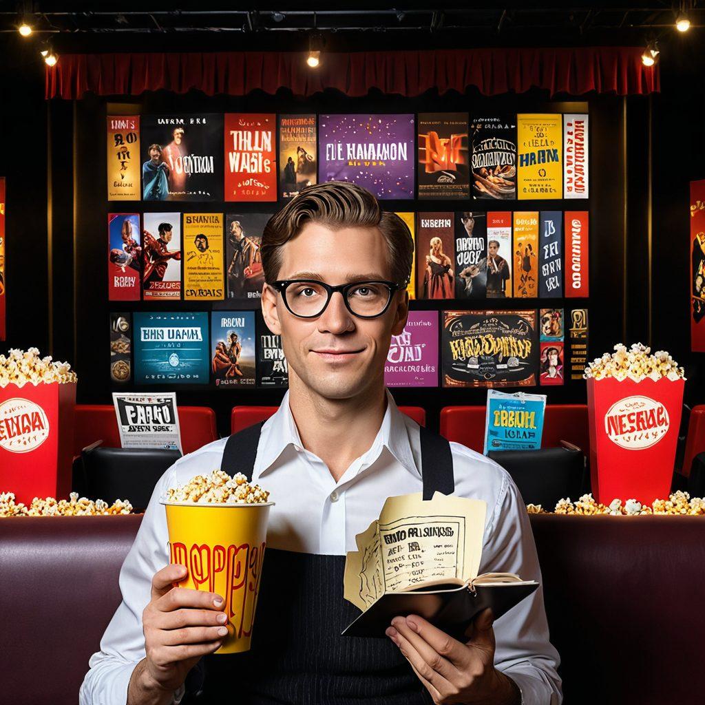 A captivating collage of iconic film scenes and movie critiques, featuring a cinematic reel unwinding with vivid imagery of classic and contemporary films. Include a thoughtful film critic holding a notepad, surrounded by popcorn and film awards, adding a sense of excitement and expertise. The background should be a dynamic theater setting with a glowing marquee showcasing film titles. super-realistic. vibrant colors. dynamic lighting.