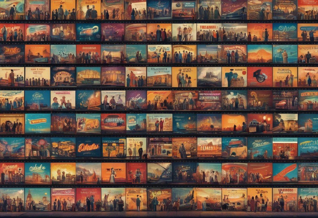 A captivating collage of iconic box office films and lesser-known indie gems, combining vibrant movie posters, film reels, and popcorn. Showcase diverse characters from different genres, set against a backdrop of a vintage cinema hall. Bright lights and a starry night sky for ambiance, inviting film lovers to explore. cinematic style. vibrant colors. retro aesthetic.
